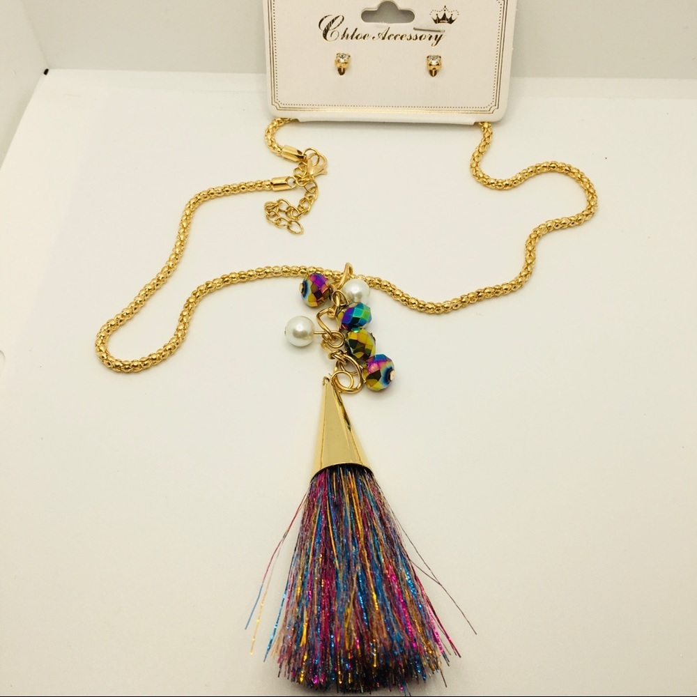 NECKLACE TASSEL & EARRINGS MULTI COLORED! Pierced! - Picture 11 of 11
